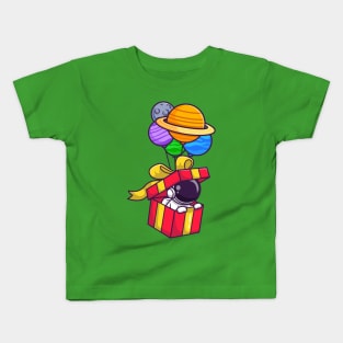 Cute Astronaut In Box Floating With Planet Balloon Cartoon Kids T-Shirt